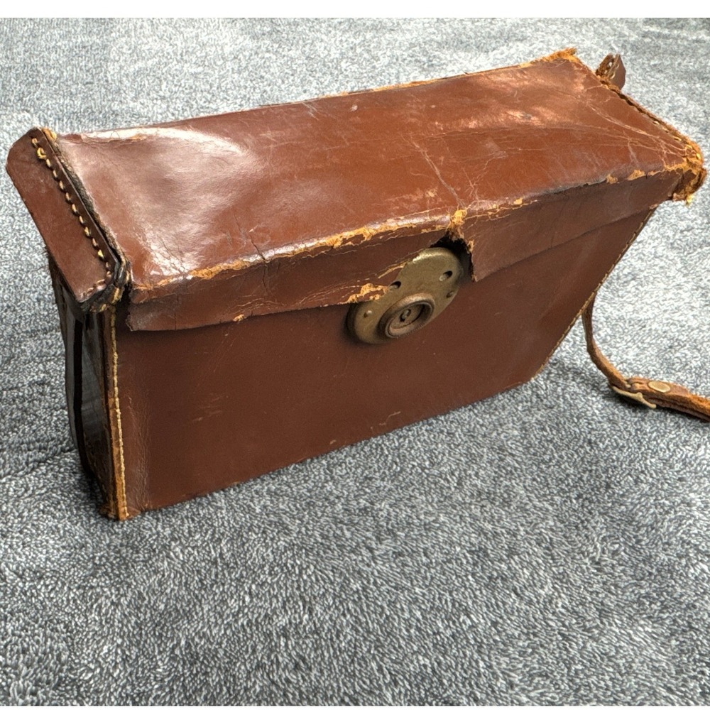 Vintage Coronet Brown Leather Camera Case Antique Hard Shell Bag Brass Lock
